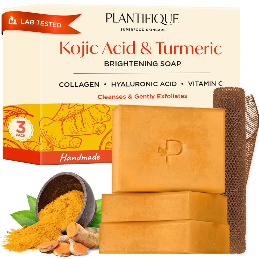 PLANTIFIQUE Kojic Acid Soap for Hyperpigmentation 3 Bars with African Net - Turmenic Soap with Hyaluronic Acid, Collagen, Vitamin C for Dark Spots - Vegan Skincare 240g / 8.47 oz