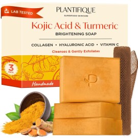 PLANTIFIQUE Kojic Acid Soap for Hyperpigmentation 3 Bars with African Net - Turmenic Soap with Hyaluronic Acid, Collagen, Vitamin C for Dark Spots - Vegan Skincare 240g / 8.47 oz