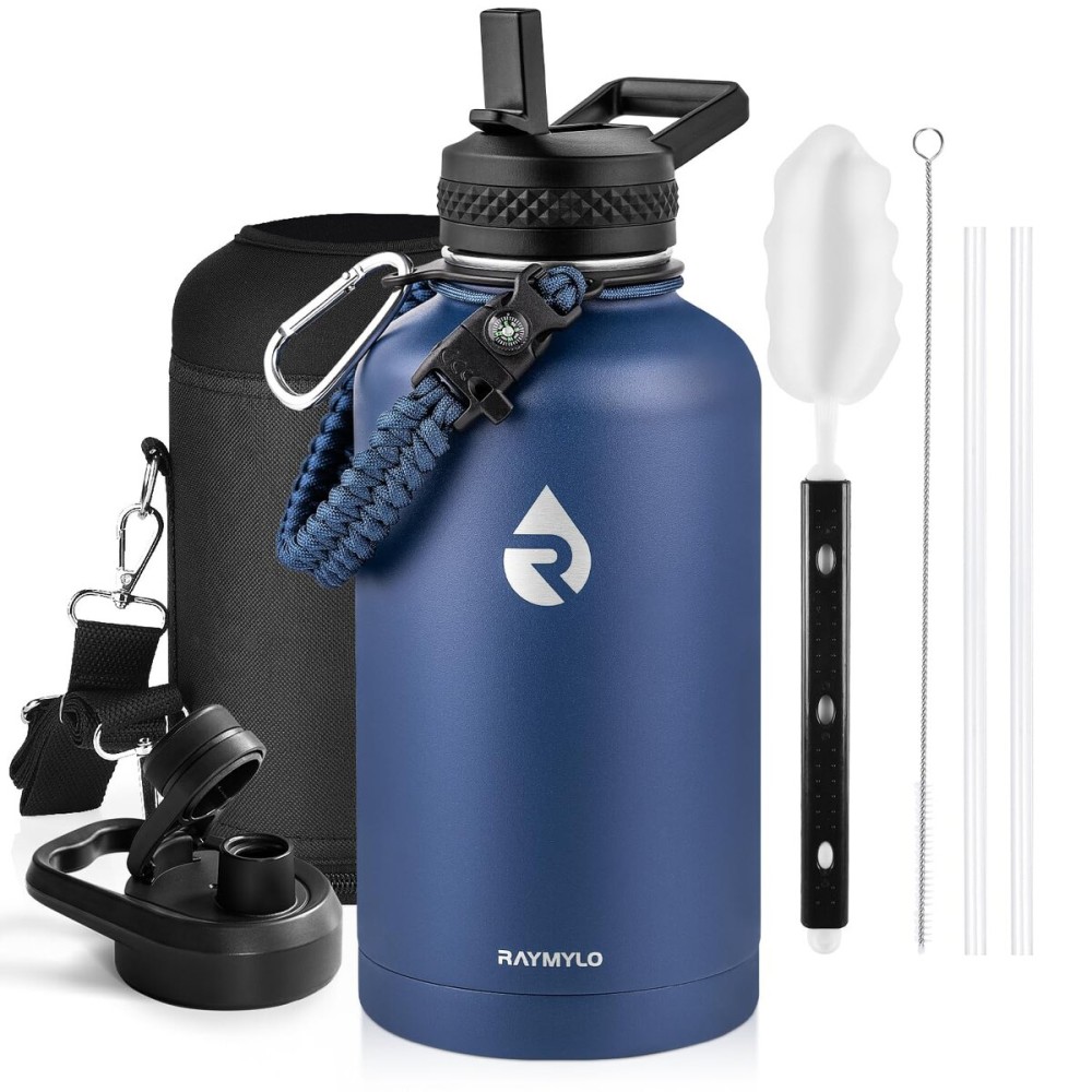 RAYMYLO Insulated Water Bottle 64 oz, Triple Wall Vacuum Stainless Steel (Cold for 48 Hrs), Leak Proof & Non-BPA, Half Gallon Water Flask Jug with Paracord Handle & Straw Spout Lids, Navy Blue