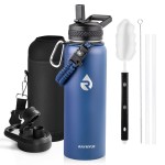RAYMYLO Insulated Water Bottle 40 oz, Triple Wall Vacuum Stainless Steel (Cold for 48 Hrs), Leak Proof & Non-BPA, Modern Water Flask Jug with Paracord Handle & Straw Spout Lids, Navy Blue