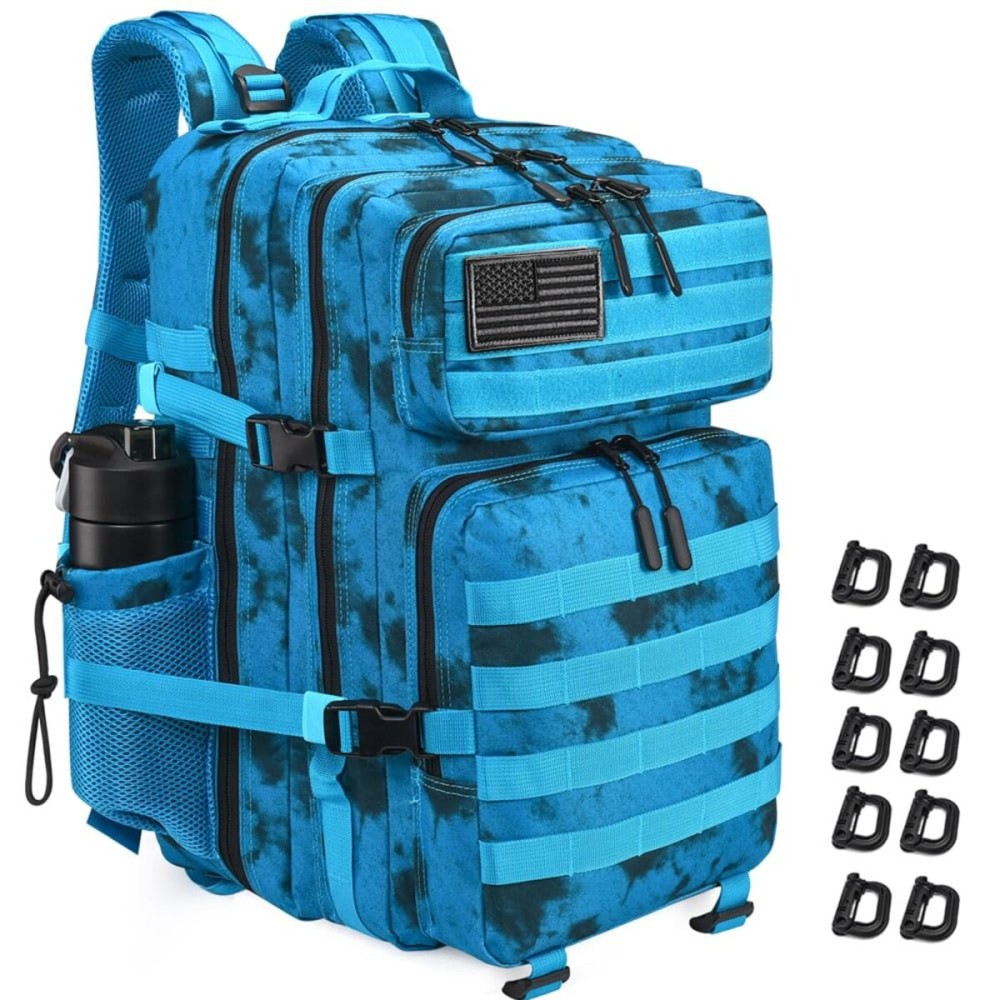 Military Tactical Backpack 45L Large Tactical Backpack for Men, Hiking Rucksack With Bottle Holder (Blue Tie Dye)