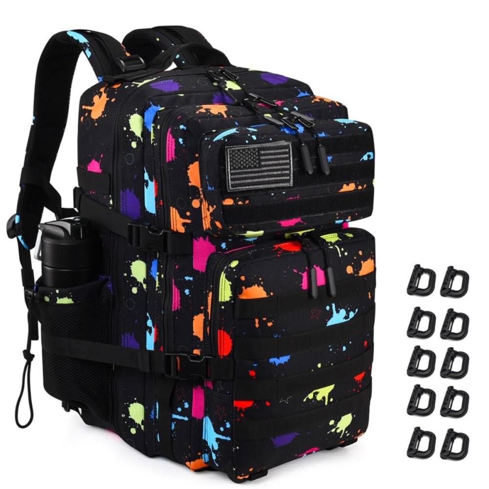 Military Tactical Backpack 45L Large Tactical Backpack for Men, Hiking Rucksack With Bottle Holder (Fluorescent Tie Dye)