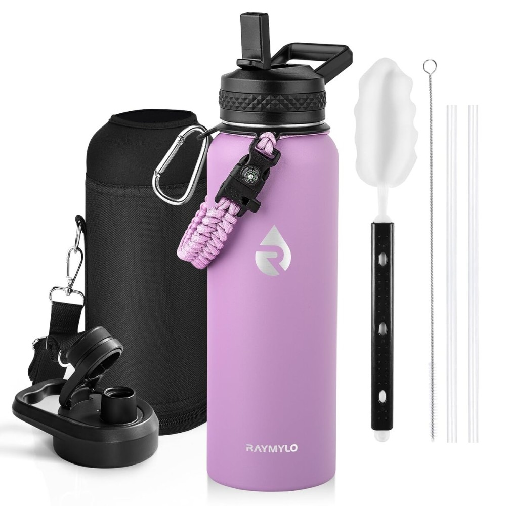 RAYMYLO Insulated Water Bottle 40 oz, Triple Wall Vacuum Stainless Steel (Cold for 48 Hrs), Leak Proof & Non-BPA, Modern Water Flask Jug with Paracord Handle & Straw Spout Lids, Lilac