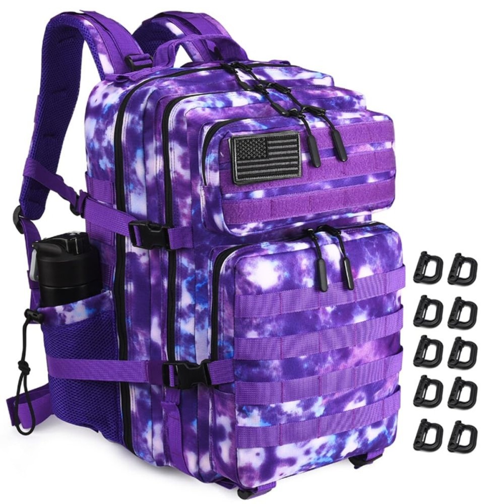 Military Tactical Backpack 45L Large Tactical Backpack for Men, Hiking Rucksack With Bottle Holder (Purple Camo)
