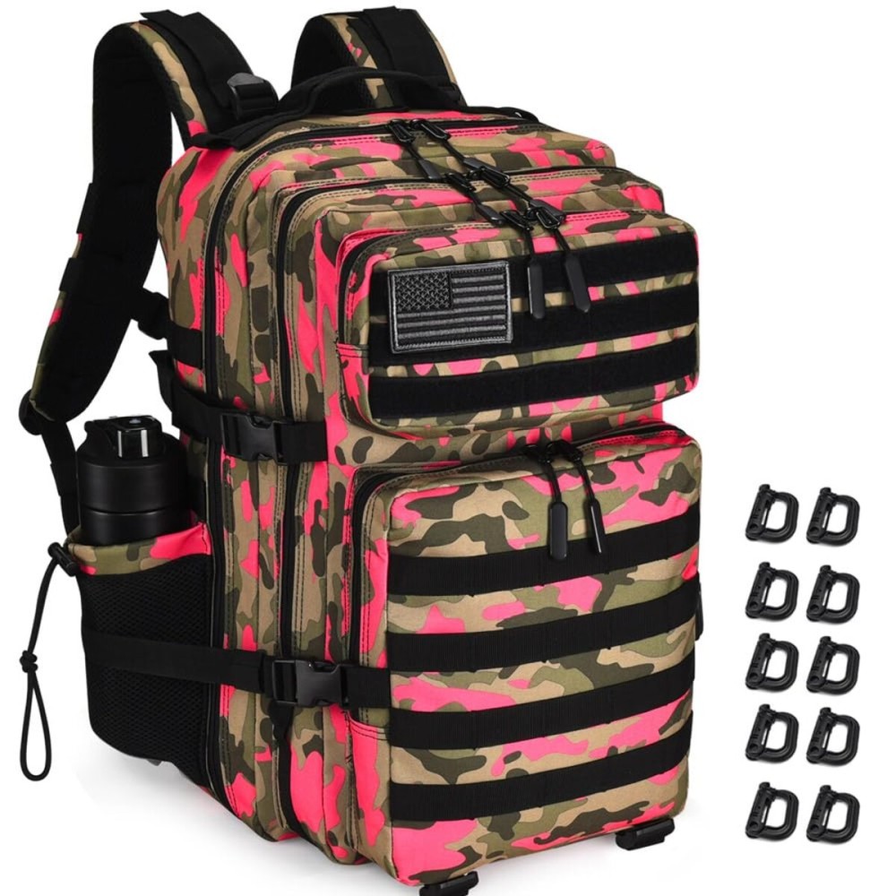 Military Tactical Backpack 45L Large Tactical Backpack for Men, Hiking Rucksack With Bottle Holder (Pink Camo)