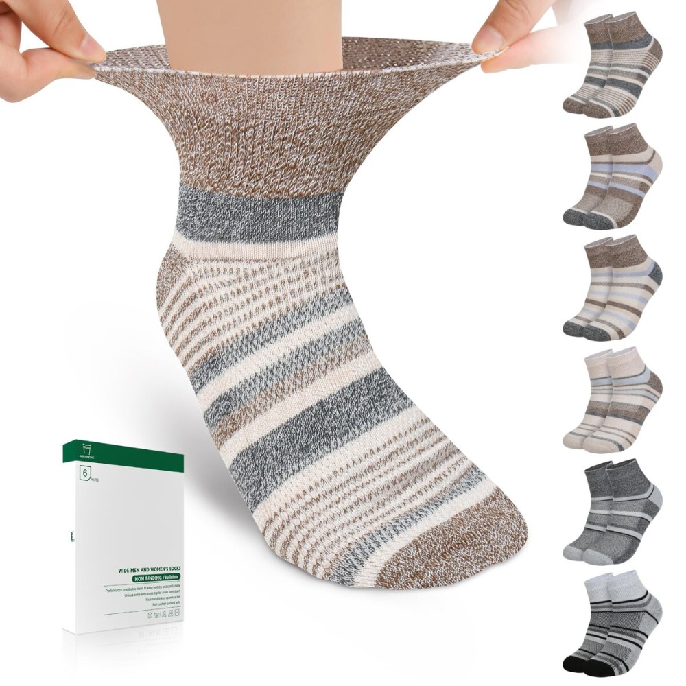 Bulinlulu Diabetic Socks for Women Men,6 Pairs Non Binding Diabetic Ankle Wide Socks with Seamless Toe 6-9 9-11 13-15(Extra Large,Dark Brown Stripe-6 Pairs)