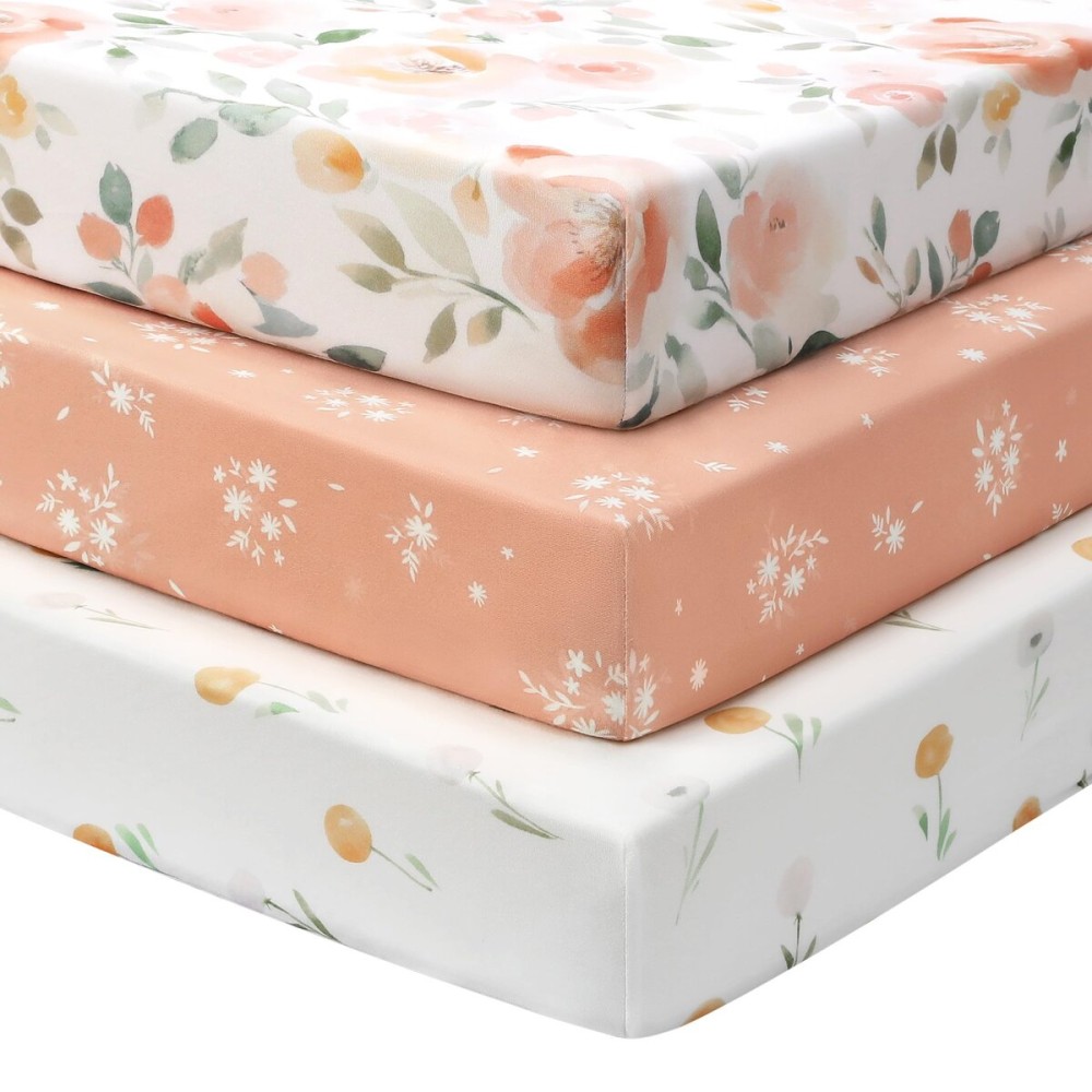 FIEMOL Baby Crib Sheets Girl, 3 Pack Toddler Bed Sheets for 52x28 Standard Toddler Mattresses, Soft Microfiber Fitted Crib Sheets Neutral Orange Watercolor Flower