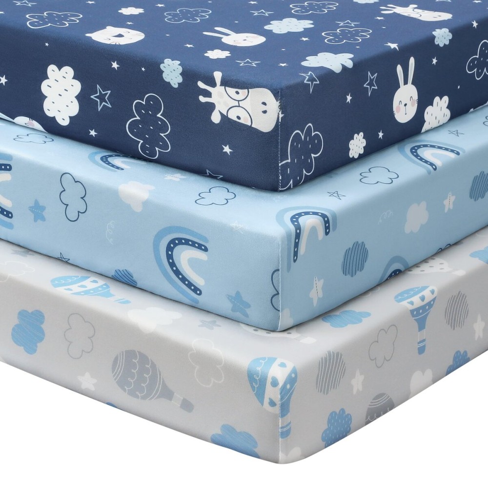 FIEMOL Baby Crib Sheets for Boys and Girls, 3 Pack Toddler Bed Sheets for 52x28 Standard Toddler Mattresses, Soft Microfiber Fitted Crib Sheets Neutral Blue Cloud Animals