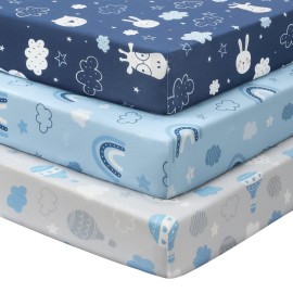 FIEMOL Baby Crib Sheets for Boys and Girls, 3 Pack Toddler Bed Sheets for 52x28 Standard Toddler Mattresses, Soft Microfiber Fitted Crib Sheets Neutral Blue Cloud Animals