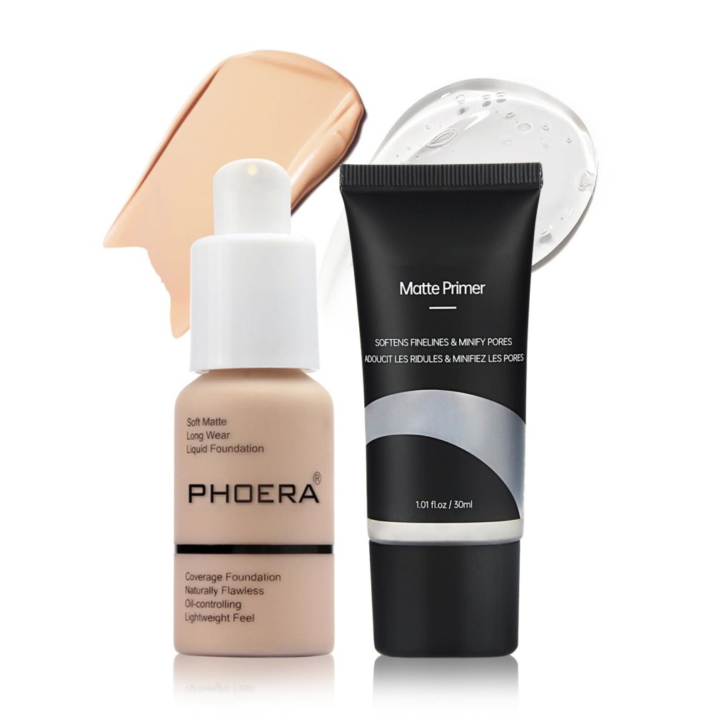 PHOERA Foundation Makeup, Flawless Soft Matte Oil Control Liquid Foundation, Full Coverage Mattle Oil-Control Concealer for Older Women, Great Choice For Gift (102+Primer)