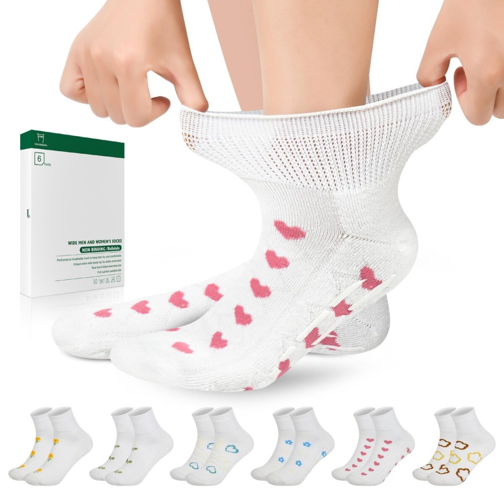 Bulinlulu Diabetic Socks with Grippers for Men Women,6 Pairs Non Binding Diabetic Ankle Slipper Socks Size 6-9 9-12(Pattern-Medium)