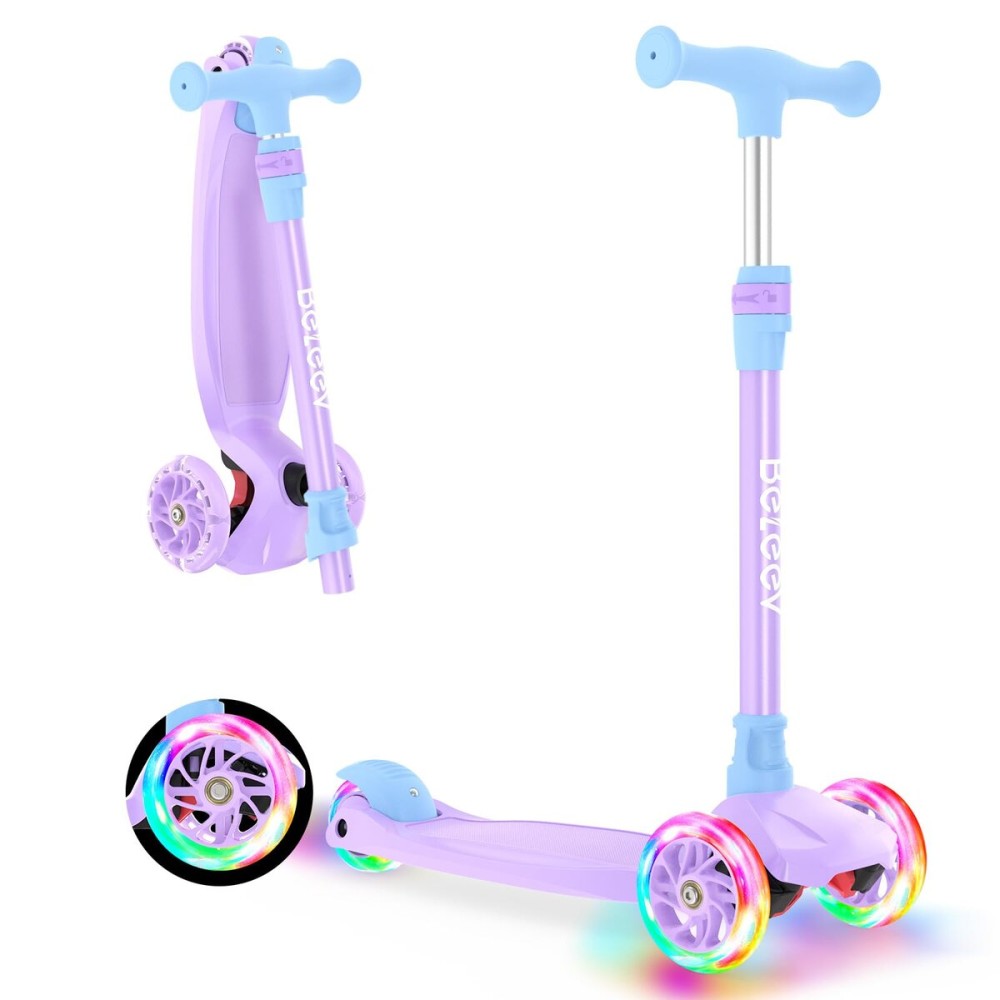 BELEEV Scooter for Kids Ages 3-12,3 Wheel Scooter for Toddler Girls Boys, Light-Up Wheels,5 Adjustable Height,Lean to Steer,Extra-Wide Deck, Three Wheel Kick Scooter for Children (Blue Purple)