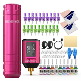 Wormhole Tattoo 79PCS Wireless Tattoo Practice Gun Kit - Battery Pack 1,500mAh Capacity, 20PCS Tattoo Needles, LED Digital Display - Professional Equipment for Beginners and Tattooist - Pink