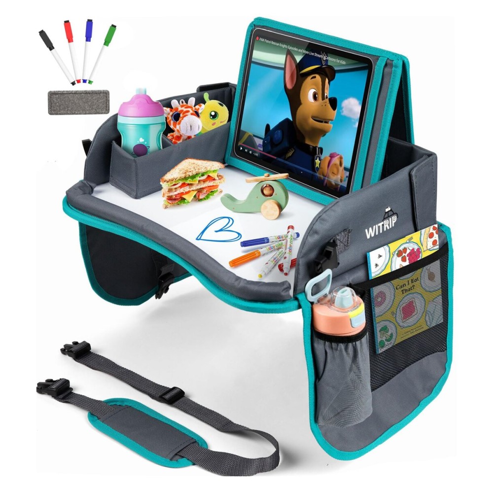 Kids Travel Tray with Dry Erase Board WITRIP- Car Seat Tray for Kids Travel, Carseat Table Top for Toddler, Lap Desk for Car Seat, Activity Organizer & Snack Holder,Road Trip Essentials for Kid (Aqua)