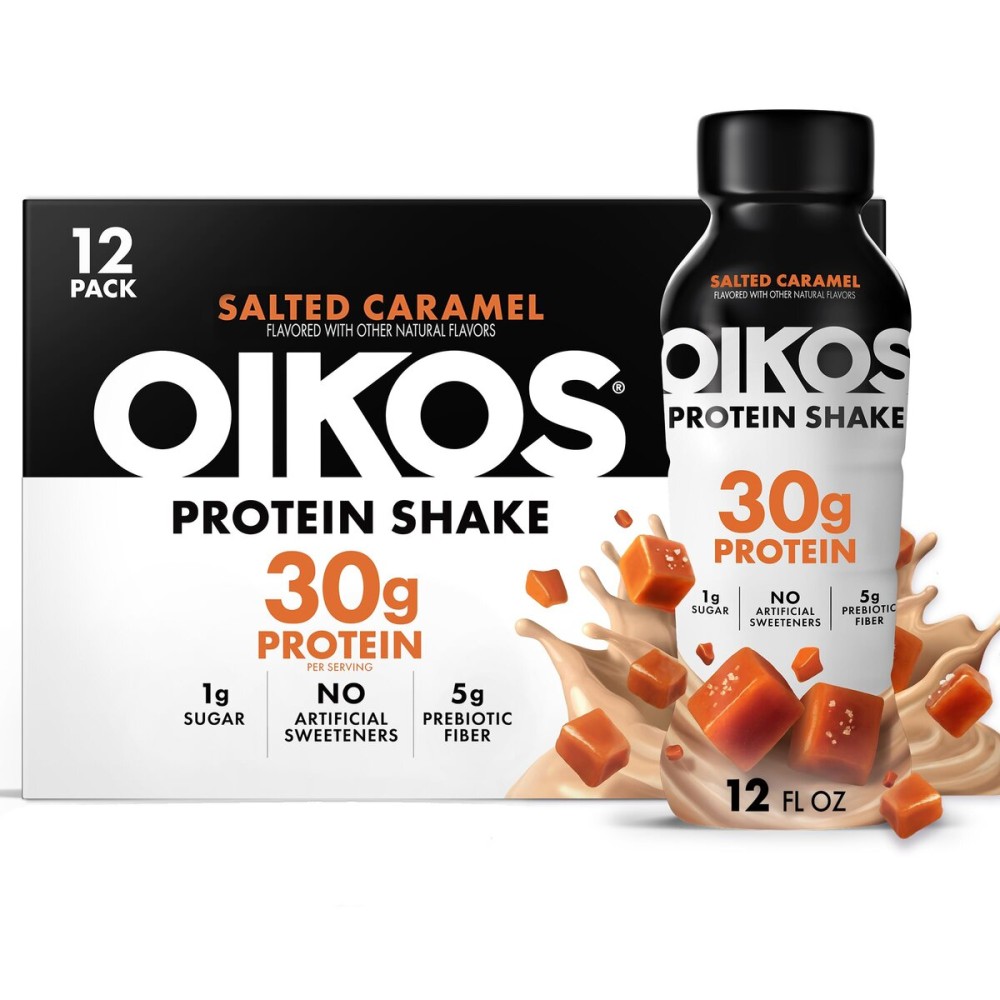 Oikos Protein Shake, Salted Caramel, 30g High Protein Drinks, Shelf Stable, Ready to Drink, 5g Prebiotic Fiber, 12 fl oz Bottle, 12 Count