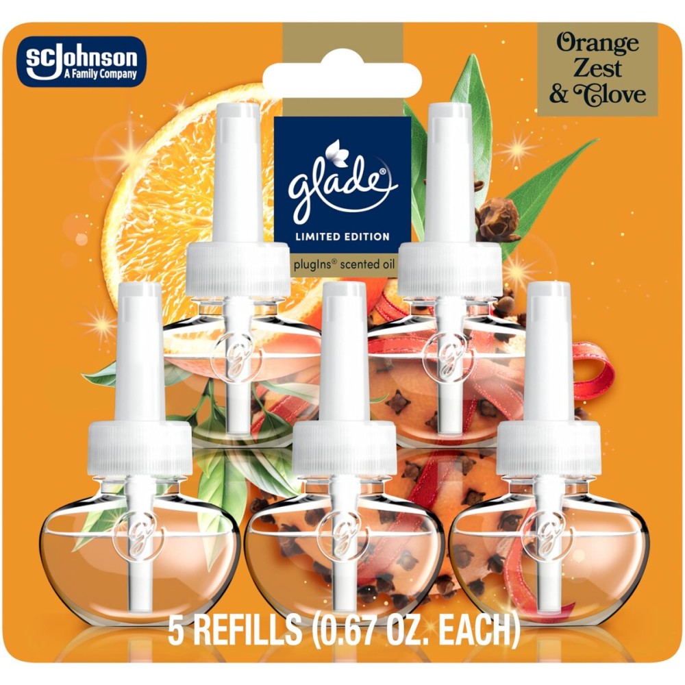 Glade PlugIns Refills Air Freshener, Orange Zest & Clove, Scented and Essential Oils for Home and Bathroom, 0.67 Fl Oz, 5 Count