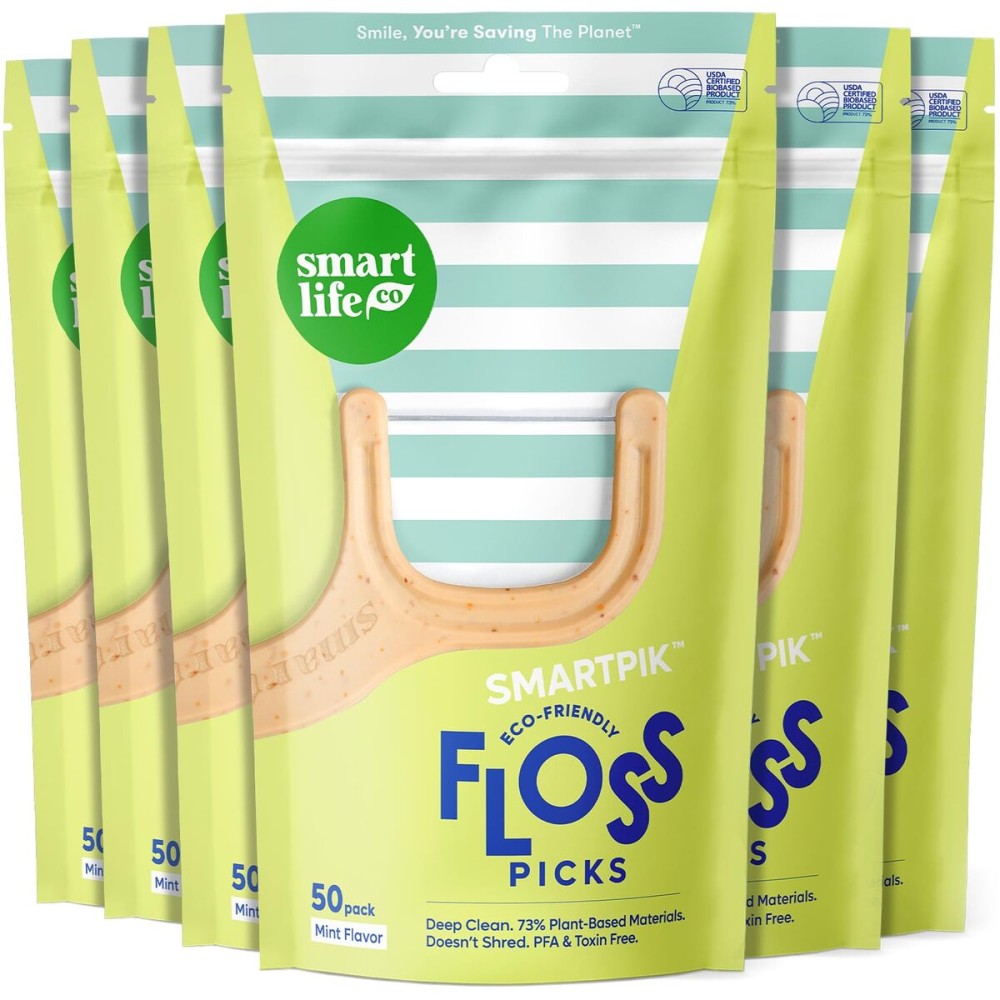 SmartLifeco Eco-Friendly Dental Floss Picks (300ct) - The Original Straw Wheat Flossers, Superior Anti-Shred Thread for Tight Gaps, Zero Waste Tooth Pick for Adults, Soft on Gum & Teeth, Vegan, Mint