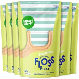 SmartLifeco Eco-Friendly Dental Floss Picks (300ct) - The Original Straw Wheat Flossers, Superior Anti-Shred Thread for Tight Gaps, Zero Waste Tooth Pick for Adults, Soft on Gum & Teeth, Vegan, Mint