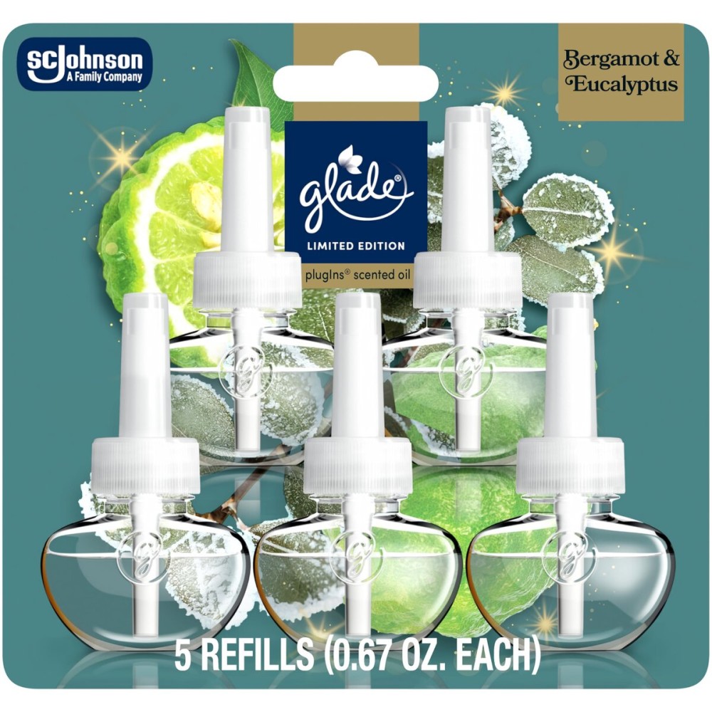 Glade PlugIns Refills Air Freshener, Bergamot & Eucalyptus, Scented and Essential Oils for Home and Bathroom, 0.67 Fl Oz, 5 Count