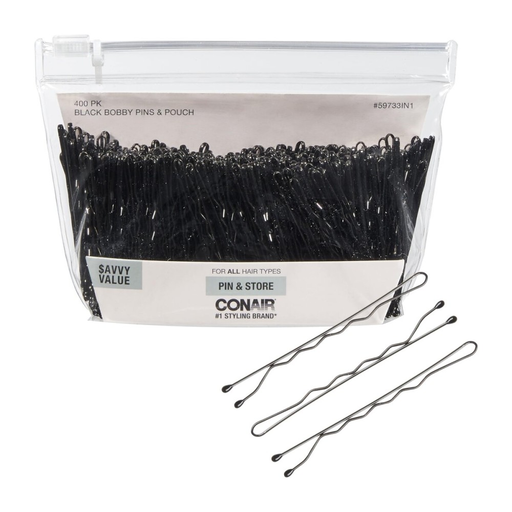 CONAIR Black Bobby Pins with storage 400pk - hair accessories for women - rubber tipped and nonslip - ideal with brown hair - comfortable hair pins - clear zipper pouch included