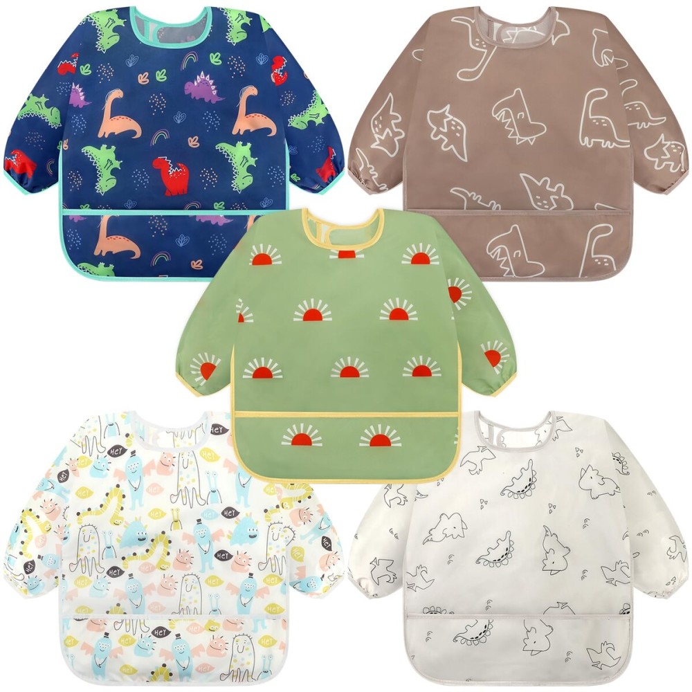 Accmor 5 Pack Long Sleeve Bibs, Baby Smock Waterproof Sleeved Bib Smock for Baby Toddler 6-24 Months