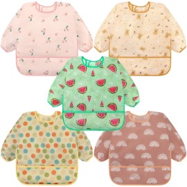 Accmor 5 Pack Long Sleeve Bibs, Baby Smock Waterproof Sleeved Bib Smock for Baby Toddler 24-36 Months