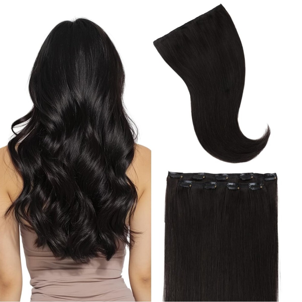 GOO GOO Clip in Hair Extensions Real Human Hair, Remy Human Hair Extensions Clip ins for Women, Natural Human Hair, 16inch 70g 2Pcs, 1B Natural Black