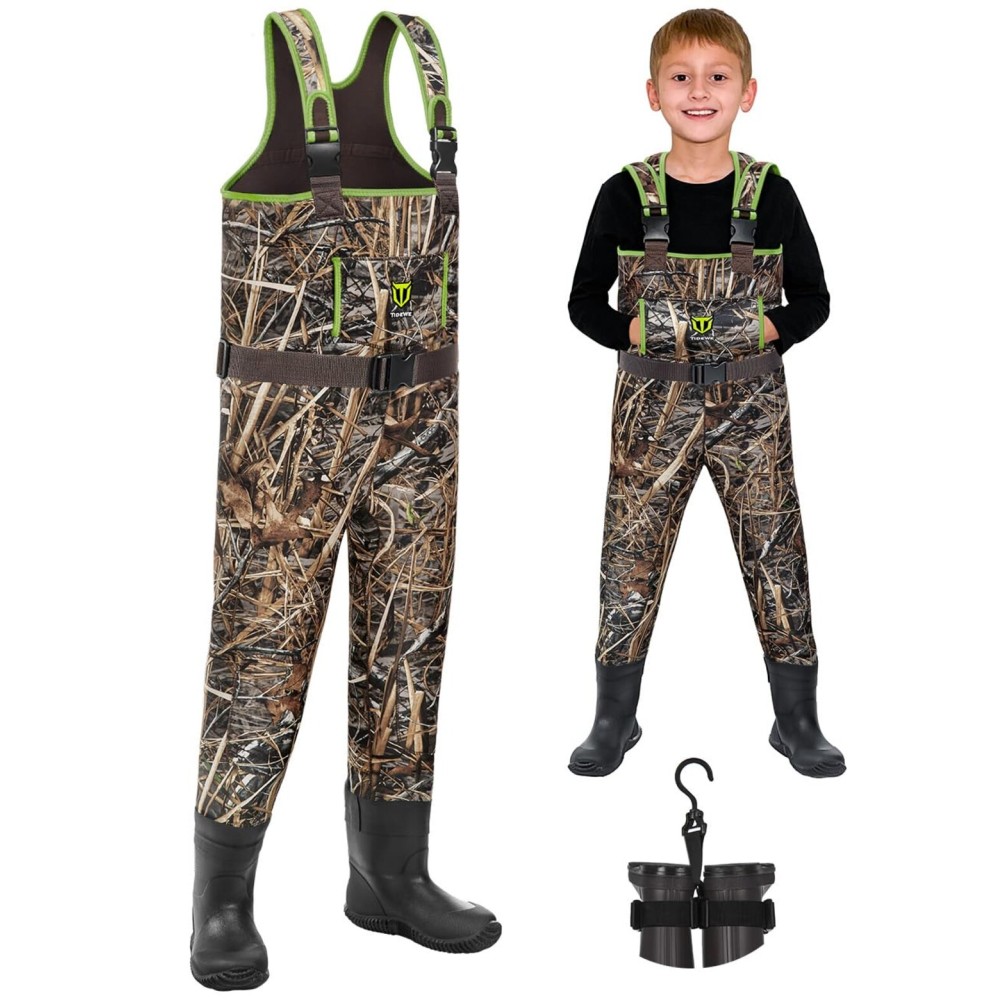 TIDEWE Chest Waders for Toddler & Children, Neoprene Waterproof Insulated Hunting & Fishing Youth Waders for Boy and Girl, Cleated Bootfoot Kids Wader, Next Camo Evos Green (Size 3T)