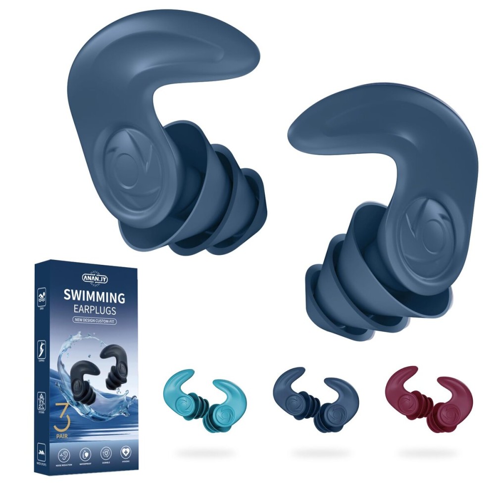 Swimming Ear Plugs for Adults - 3 Pairs Reusable Waterproof Silicone Earplugs, Soft & Comfortable Swim Ear Protection for Surfing, Diving, Pool, Showering & Water Sports