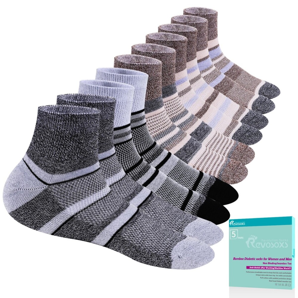 Revosoxs Diabetic Socks for Women Men,5 Pairs Bamboo Viscose Non Binding Diabetic Ankle wide Seamless Socks 6-9 9-12(Dark Brown Stripe-Large)