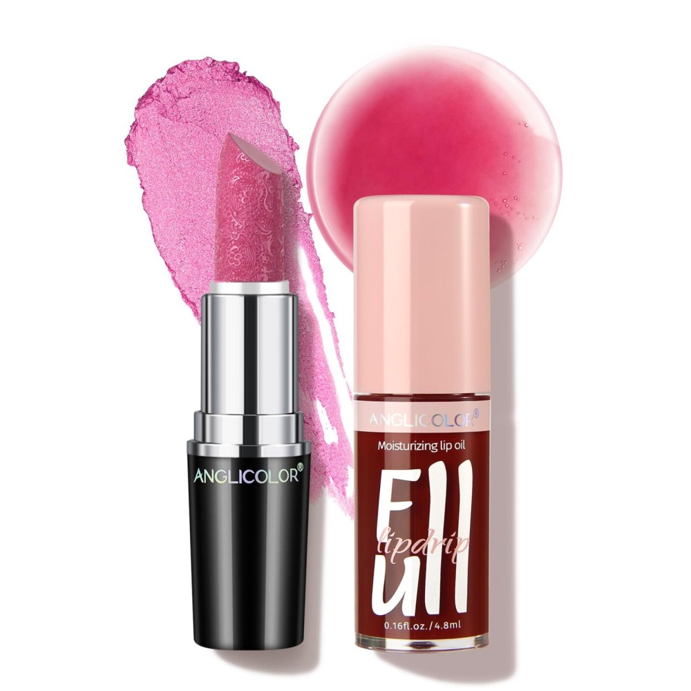 Anglicolor 2PC Lip Oil and Metallic Glitter Pink Lipstick,Natural Lip Plumper,Fruit Flavoured Lip Oil,For Dry Lip\'s Moisturizing Hydrating,Vegan & Cruelty-free (02 Pandora+15)
