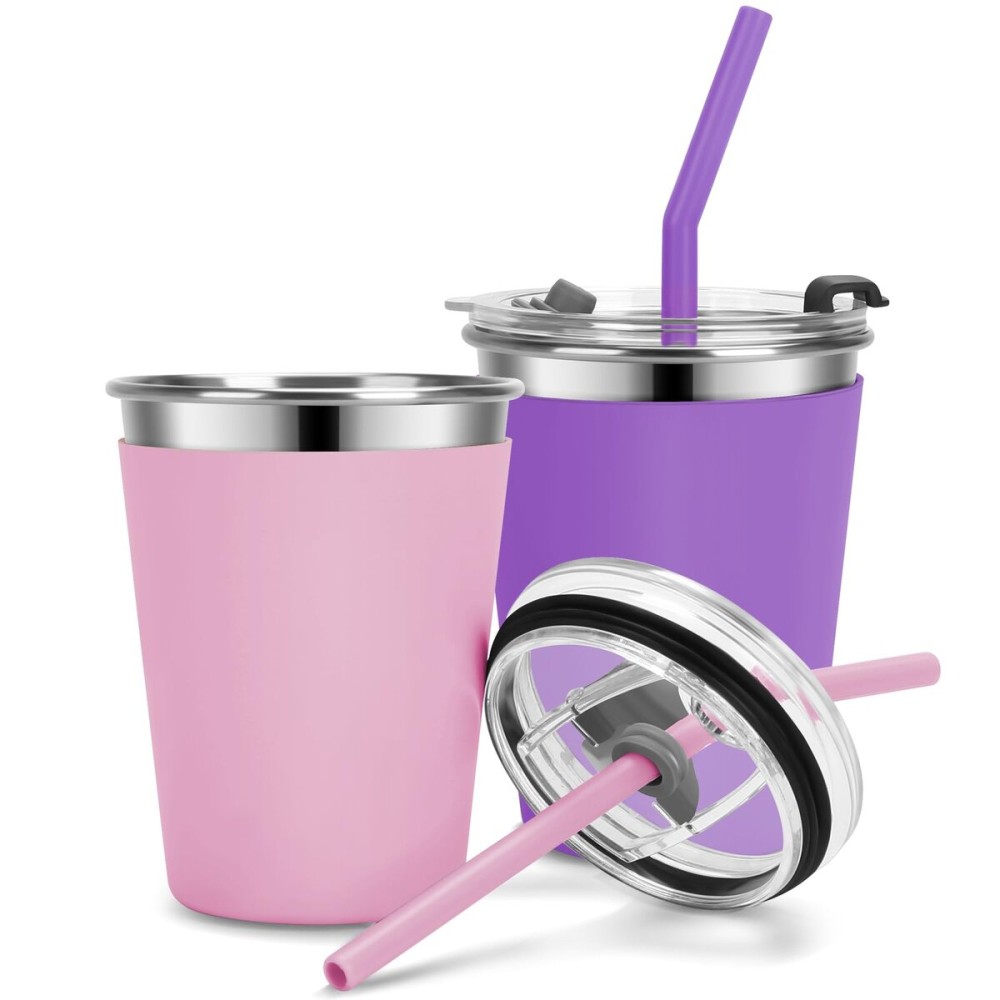 Vermida Kids Cups with Straws and Lids Leak Proof, 12oz Sippy Cups for Toddlers 1-3 No Spill, 2 Pack Spill Proof Cup Stainless Steel Kids Cup with Lids for School, Outdoor (Pink & Purple)