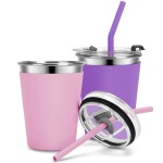 Vermida Kids Cups with Straws and Lids Leak Proof, 12oz Sippy Cups for Toddlers 1-3 No Spill, 2 Pack Spill Proof Cup Stainless Steel Kids Cup with Lids for School, Outdoor (Pink & Purple)