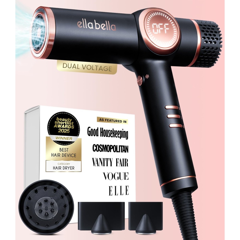 ELLA BELLA Professional Ionic Hair Dryer with Diffuser  Dual Voltage Negative Ion Blow Dryer  Suitable All Hair Types  Intelligent Heat Control & Rapid Drying Speeds  Lightweight Design Low Noise
