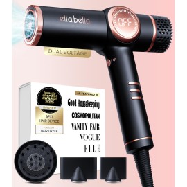 ELLA BELLA Professional Ionic Hair Dryer with Diffuser  Dual Voltage Negative Ion Blow Dryer  Suitable All Hair Types  Intelligent Heat Control & Rapid Drying Speeds  Lightweight Design Low Noise