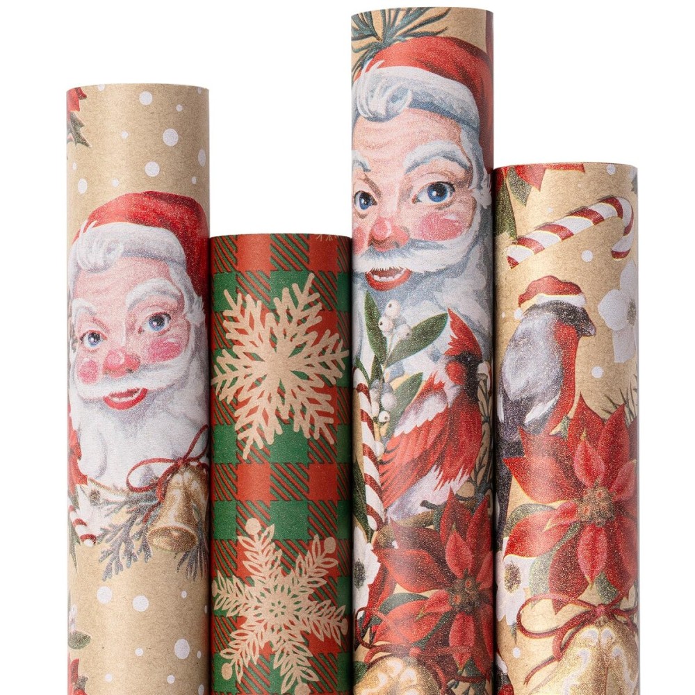 RUSPEPA Kraft Christmas Wrapping Paper Set, Jumbo Roll, Vintage Santa, Bird, Poinsettia,and Gold Snowflake Plaid Design, Kraft Gift Wrap for Christmas, Holiday, 4 Rolls, 30 Inches x 10 Feet per Roll