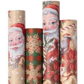RUSPEPA Kraft Christmas Wrapping Paper Set, Jumbo Roll, Vintage Santa, Bird, Poinsettia,and Gold Snowflake Plaid Design, Kraft Gift Wrap for Christmas, Holiday, 4 Rolls, 30 Inches x 10 Feet per Roll