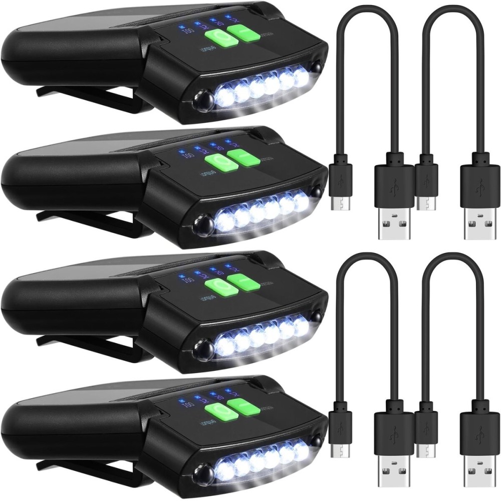 Mudder 4 Pieces LED Clip on Cap Lights USB Rechargeable Cap Flashlight Clip Waterproof Ultra Bright Hat Flashlight Headlamp for Fishing Camping Hand Work (Black)