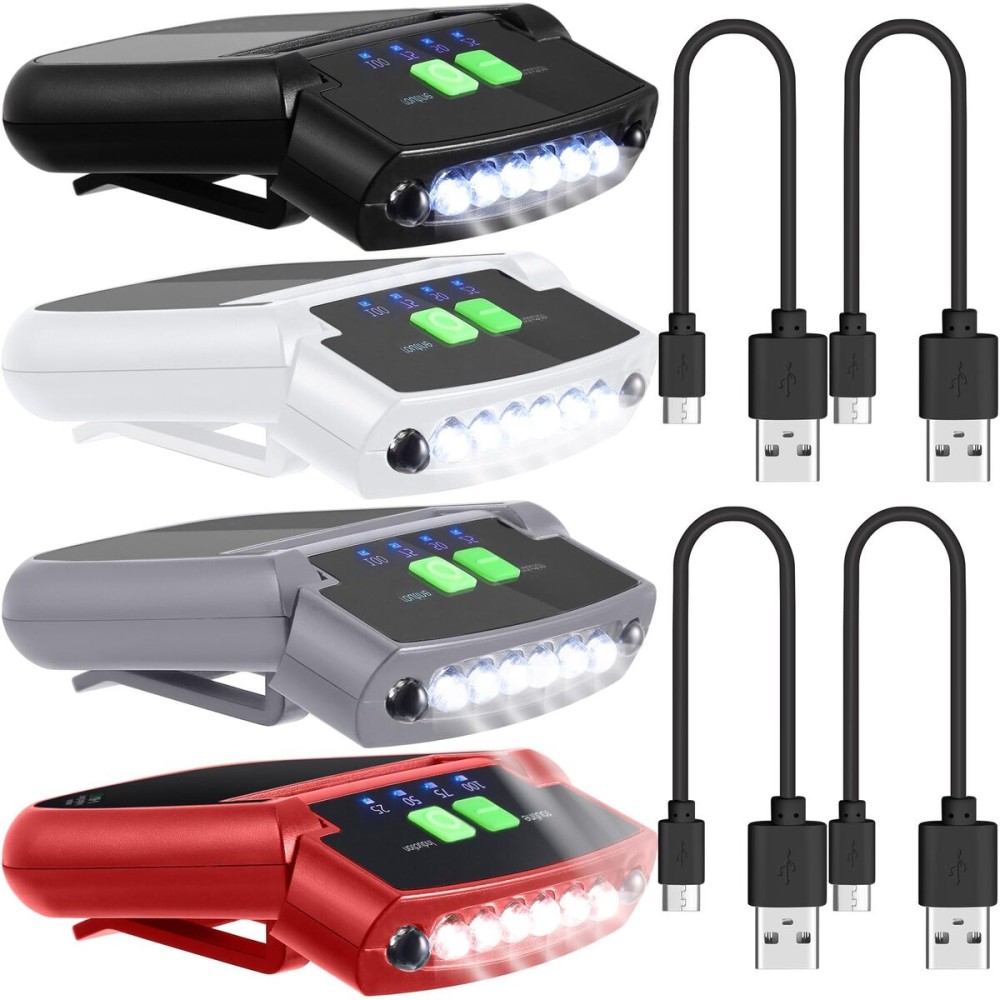 Mudder 4 Pieces LED Clip on Cap Lights USB Rechargeable Cap Flashlight Clip Waterproof Ultra Bright Hat Flashlight Headlamp for Fishing Camping Hand Work (Black,White,Red,Gray)
