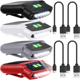 Mudder 4 Pieces LED Clip on Cap Lights USB Rechargeable Cap Flashlight Clip Waterproof Ultra Bright Hat Flashlight Headlamp for Fishing Camping Hand Work (Black,White,Red,Gray)