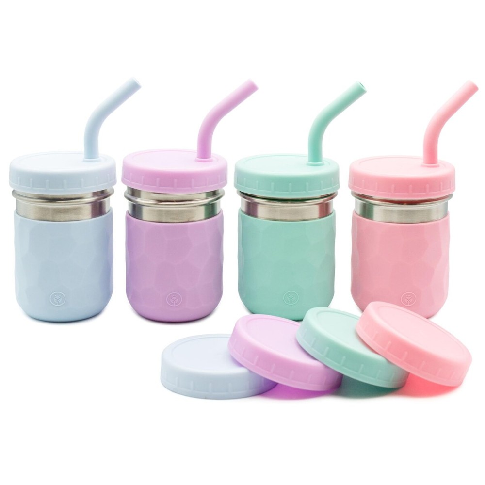 WeeSprout 2-in-1 Drinking Cups for Kids, Durable Stainless Steel Tumbler for Smoothies, Silicone Straws with Stoppers, Premium Plastic Twist Lids, Easy-Grip Sleeves, Set of 4 Dishwasher Safe Kid Cups
