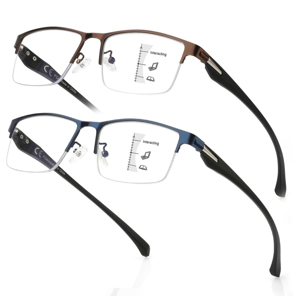 SKYOAK 2 Pack Mens Premium Progressive Multifocus Reading Glasses, TR90 Temples Blue Light Blocking Anti UV/Eye Strain Computer Readers No-Line Half Frame Multifocal Eyeglasses, Blue and Brown 1.25x