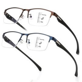 SKYOAK 2 Pack Mens Premium Progressive Multifocus Reading Glasses, TR90 Temples Blue Light Blocking Anti UV/Eye Strain Computer Readers No-Line Half Frame Multifocal Eyeglasses, Blue and Brown 1.25x