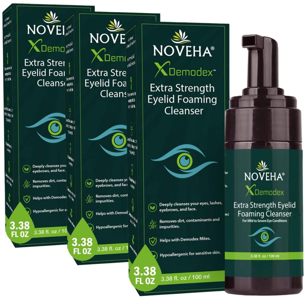 NOVEHA Demodex Eyelid Cleanser Foam | Extra Strength Tea Tree Oil Formula | Daily Face Wash For Eyelash, Demodex, MGD, Stye Eyes, Eye Irritations & Skin Dryness, 3.38 fl oz (3 Pack)