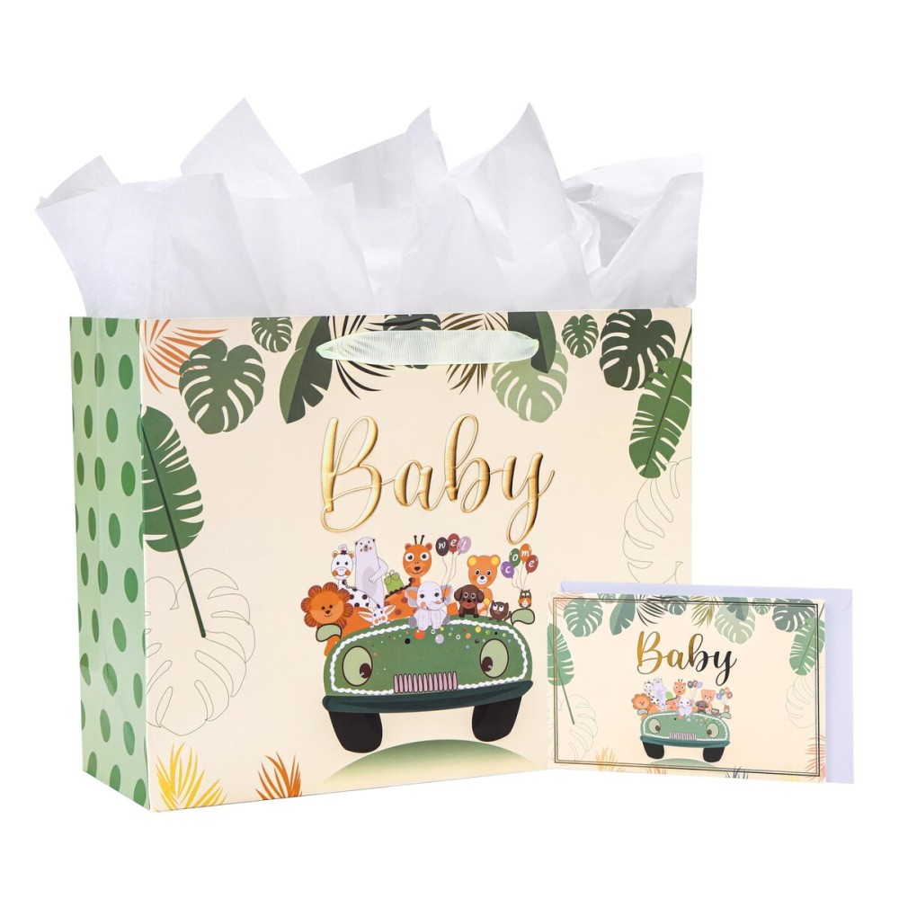Bobobag 13 Sage green Baby Gift Bag with Tissue Paper and Greeting Card.