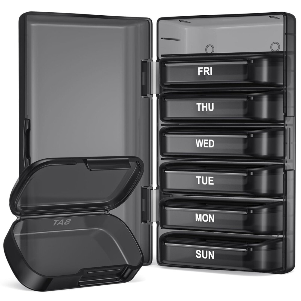 PULIV Weekly Pill Organizer with Large Capacity, Dual Protection Pill Box 7 Day, Arthritis Friendly Pill Case Easy to Open, Medicine Organizer for Vitamins, Medications, Fish Oils, Supplements (Gray)
