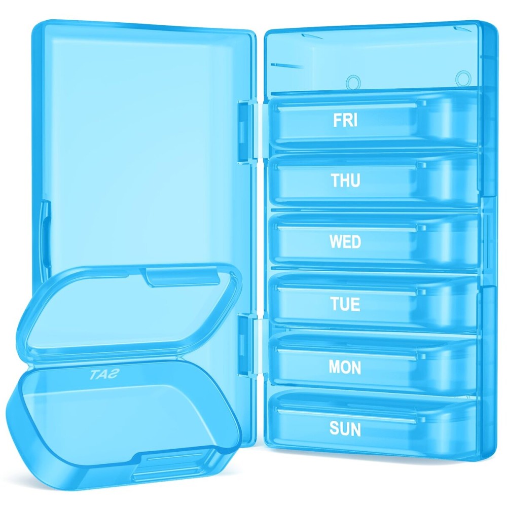 PULIV Weekly Pill Organizer with Large Capacity, Dual Protection Pill Box 7 Day, Arthritis Friendly Pill Case Easy to Open, Medicine Organizer for Vitamins, Medications, Fish Oils, Supplements (Blue)