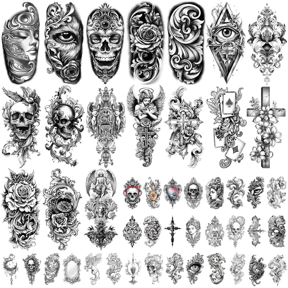 Temporary Tattoos for Adults, 47 Sheets Baroque Religious Flower Skull Designs Fake Tattoos, 17 Half Arm tat and 30 Small temp Tattoos