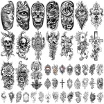 Temporary Tattoos for Adults, 47 Sheets Baroque Religious Flower Skull Designs Fake Tattoos, 17 Half Arm tat and 30 Small temp Tattoos