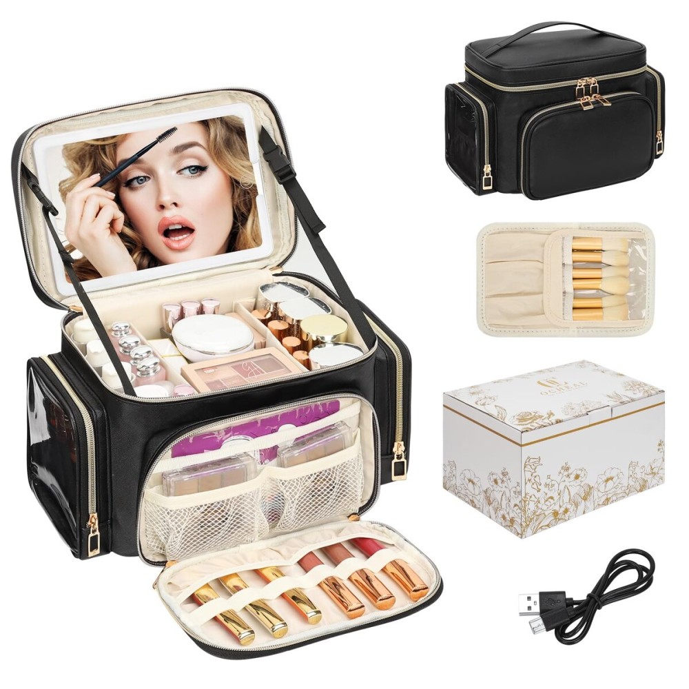 Large Makeup Bag with LED Mirror, Travel Makeup Bag Organizer for Women Girls with Makeup Brush Compartment & Two Side Pockets, 3 Color Lights Cosmetic Toiletry Bag- Leather Black